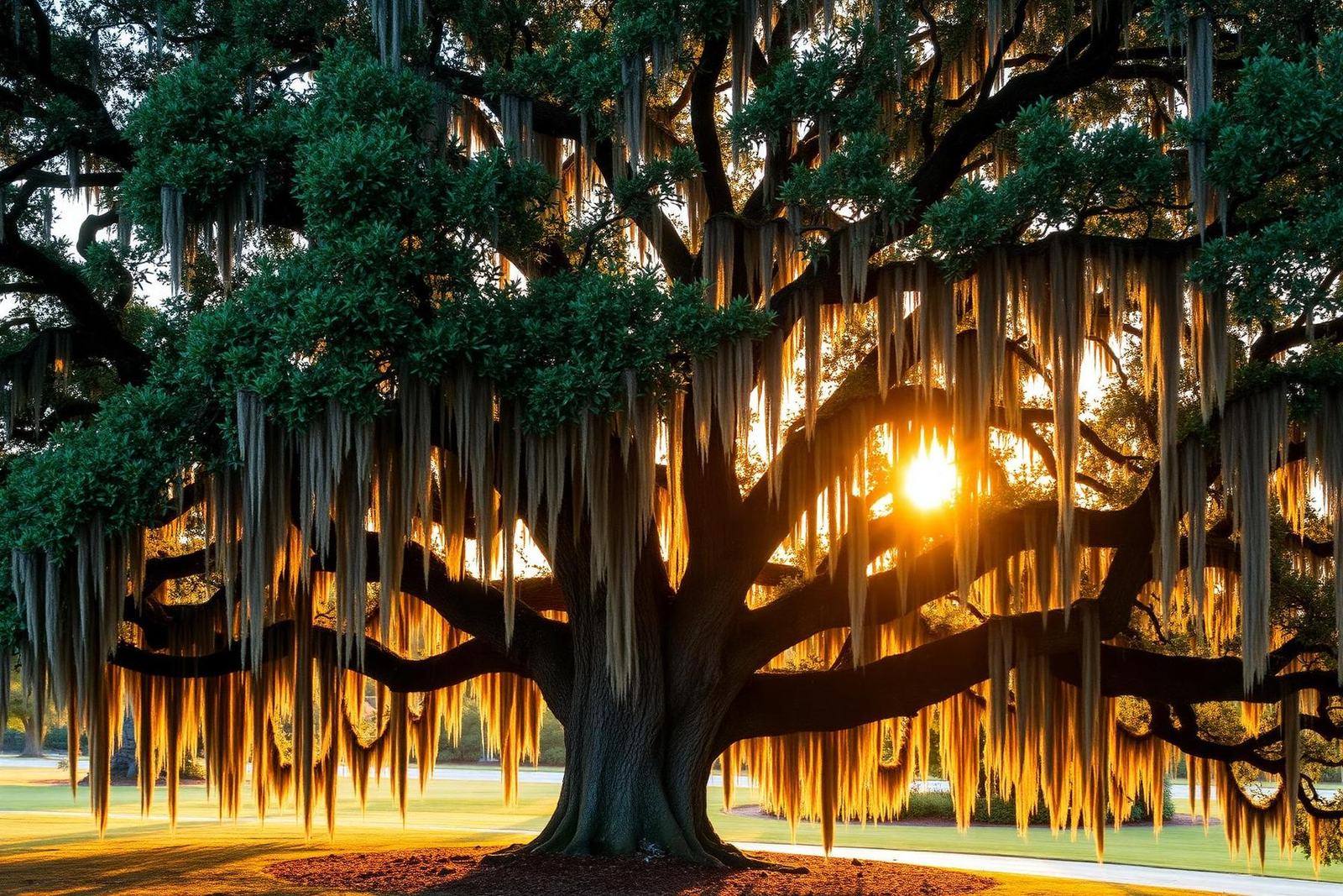 Live oak with Spanish moss at sunset in Brunswick County, NC
