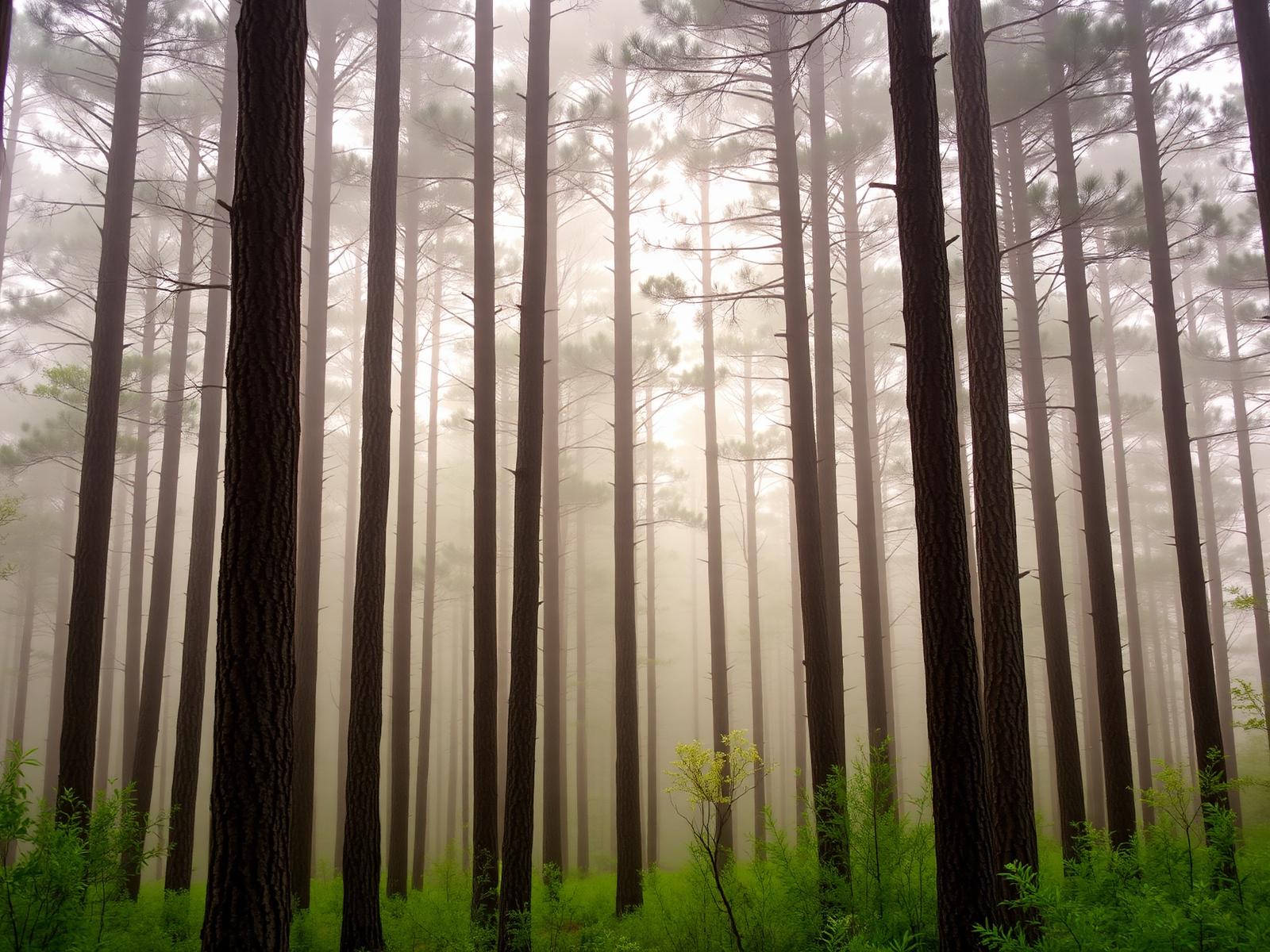 Coastal longleaf pines in morning mist